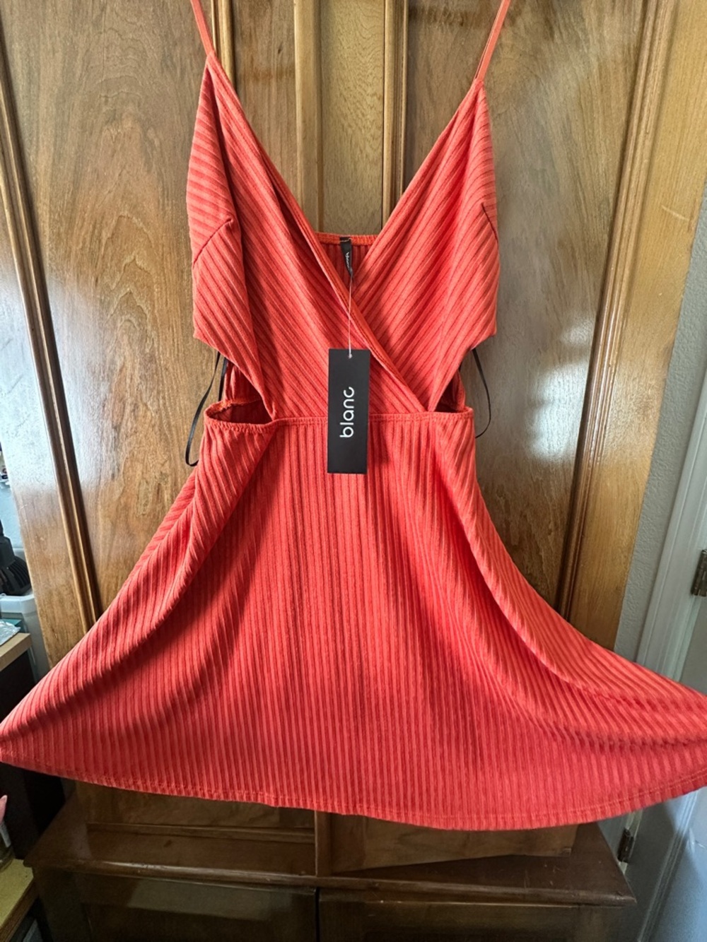 Blanc Red Ribbed V-Neck Mini Dress with Spaghetti Straps